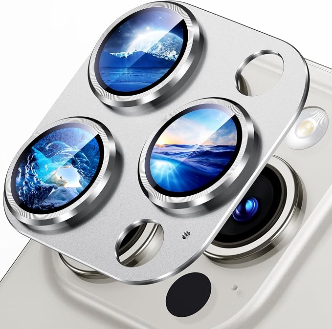 Uyiton for iPhone 15 Pro/iPhone 15 Pro Max Camera Lens Protector | Not Easy to Break, Strong Adsorption, Case-Friendly, Metal 9H Sapphire Glass Rear Camera Screen Cover, Silver White by Uyiton