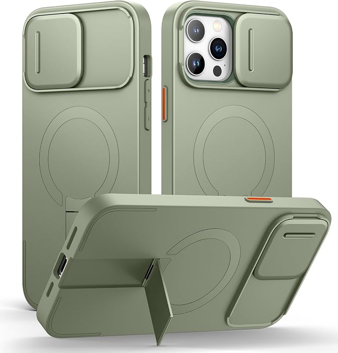 SURITCH for iPhone 13 Pro Max/12 Pro Max Case with Magnetic Camera Slide Cover and Adjustable Kickstand, Compatible with MagSafe, Shockproof Bumper Case Slim Protective Cover 6.7 Inch, Green by SURITCH