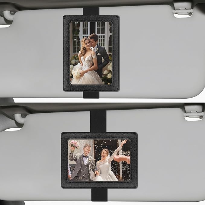 Leather Car Visor Picture Holder Photo Clip Fits 5-Inch Car Picture Frame Displays Your Photographs Sun Visor Car Photo Holder Black Both Horizontally And Vertically, Photo Car Visor Clip for Vehicle by HINGTAI