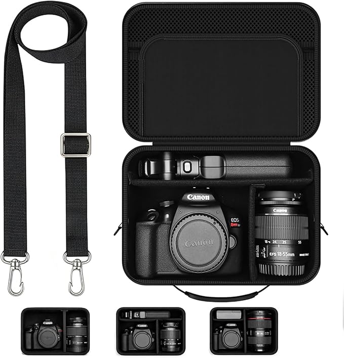 Hard Shell Camera Case Compatible with Canon EOS Rebel T7/R50/R100 and More DSLR & Mirrorless Cameras – Portable Travel Bag with Adjustable Dividers, Mesh Pocket & Shoulder Strap (Black) by Unknown