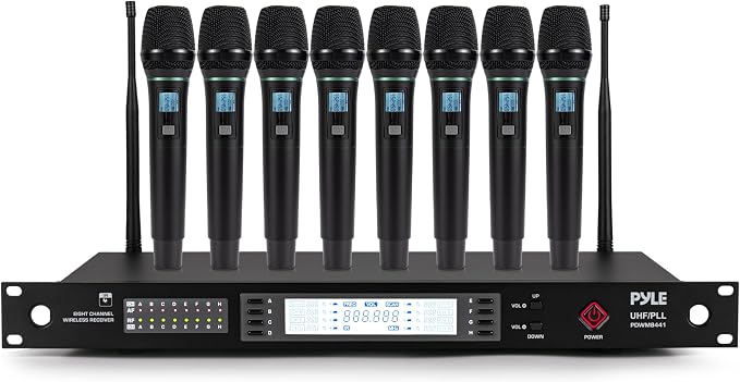 Pyle 8 Channel UHF Wireless Microphone System with 8 Handheld Mics, 300 Ft Range, Rack Mount Receiver for Karaoke, Worship, Schools & Live Events by PyleUSA