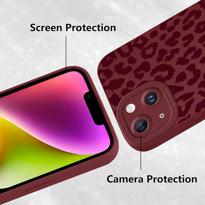 Cute Burgundy Cheetah Print Phone Case for iPhone 14 6.1" | Aesthetic Leopard Pattern Design Cover Full Camera Lens Protective Shockproof Soft Slim TPU Funda for Women Girls - Image 5