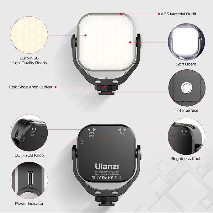 ULANZI VL66 RGB Adjustable Rechargeable 2500-6500K - Mini Video Portable Light on Camera, 2000mAh CRI95+ Dimmable, Ultra Bright Photo and Video Lighting, LED Fill Lamp for DSLR Camcorder Action Camera - Image 4
