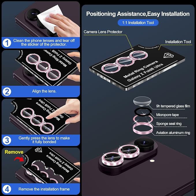 for Samsung Galaxy Z Fold 8 Ultra Camera Lens Protector, Individual Metal Ring Tempered Glass Lens Cover, [Strong Adsorption] Scratch Resistant Ultra-Thin HD Clear Lens Cover, 1 Set-Pink Sparkly - Image 7