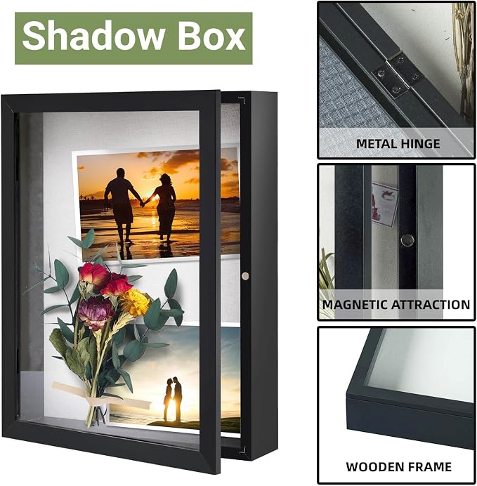 Muzilife 8x10 Shadow Box Wood Picture Frame, 2.16 Deep, Real Glass, Black | FSC-Wood, Magnetic Door, Linen Interior & Pins, Vertical, Horizontal Wall Hanging, Display Case Frame for Photos & Keepsakes - Image 3