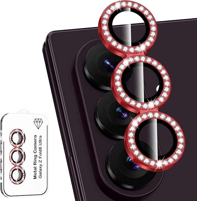 for Samsung Galaxy Z Fold 8 Ultra Camera Lens Protector, Individual Metal Ring Tempered Glass Lens Cover, [Strong Adsorption] Scratch Resistant Ultra-Thin HD Clear Lens Cover, 1 Set-Red Diamond by Btscase
