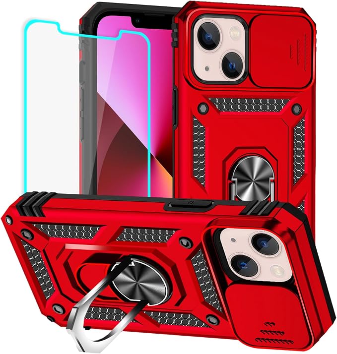 HNHYGETE for iPhone 13 Case with HD Screen Protector: [Military Grade 20ft. Drop Tested] Slide Camera Cover Ring Shockproof Protective Phone Case for - iPhone 13 (Red) by HNHYGETE