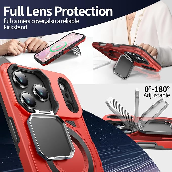 Camera Stand Case for iPhone 17 Pro, [Compatible with MagSafe] [Lens Cover] 2025 Version Military Grade Protective Soft Case for iPhone 17 Pro 6.3 inch Men Women, Red - Image 3