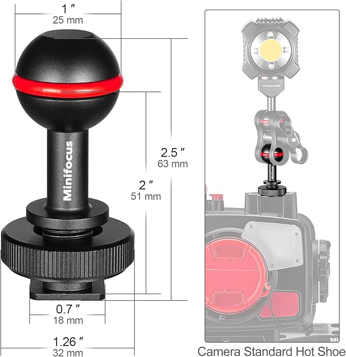 MINIFOCUS 1" Ball Head Cold Shoe Base Adapter, Universal Ball Joint Bracket with Cold Shoe Base Adapter for Diving Light Underwater Camera Waterproof Housings Case Video/Flash/Strobe Hot Shoes - Image 3