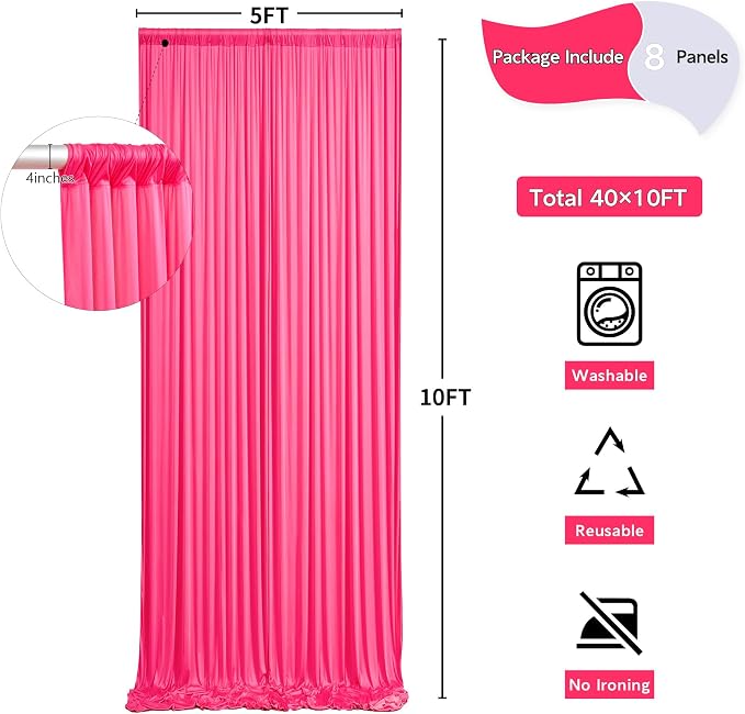 40 ft x 10 ft Wrinkle Free Fuchsia Backdrop Curtain for Parties, 8Panels Polyester Hot Pink Photo Backdrop Drapes for Wedding Birthday Party Baby Shower - Image 5