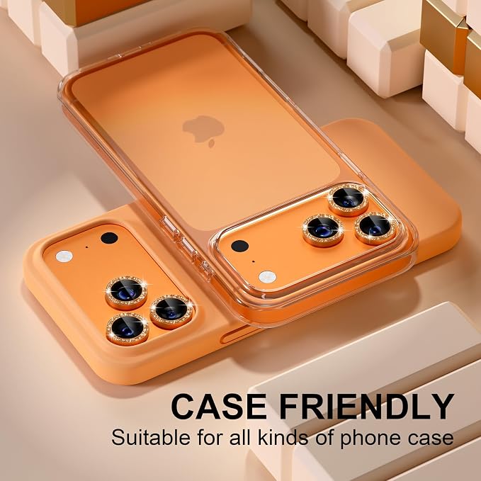 Misea Compatible for iPhone 17 Pro/iPhone 17 Pro Max Camera Lens Protector | 9H Tempered Glass Ultra HD Bling Camera Screen Protector Cover Metal Individual Ring Decoration Accessories, Orange Glitter - Image 5