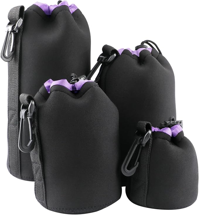4Pcs Camera Lens Case Bag,4 Sizes Purple Water Resistant Protective Lens Pouch Set With Adjustable Drawstring Rotating Clamp,Replacement Compatible Thick Protective Neoprene for Canon,Nikon,Sony by Unknown