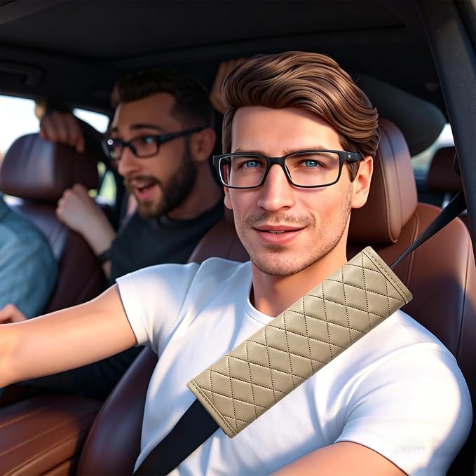 Beige PU Leather Seat Belt Covers - 2Pcs, Diamond Stitched Seat Belt Pads, Universal Fit for Car Truck SUV - Image 8
