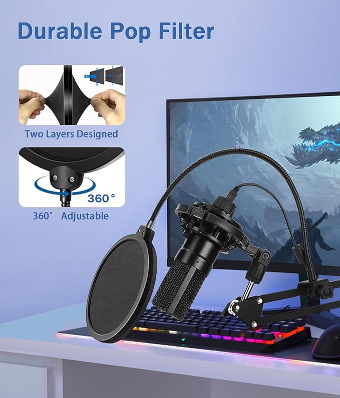 Versatile Boom Arm Stand for Desk, Adjustable Microphone Stand Kit | With Pop Filter, Shock Mount, Microphone Clip, Cable Ties, Table clamp to allow for horizontal and vertical fixing - Image 4