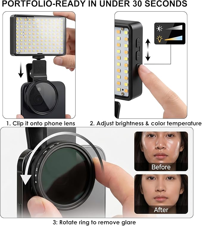 Polarized CPL Lens Light for iPhone - 120 LED Tattoo Photography Kit, 58mm Filter Removes Glare, Adjustable Color Temp, Clip-On Selfie Light for TikTok, Video Recording, Tattoo Photography - Image 5