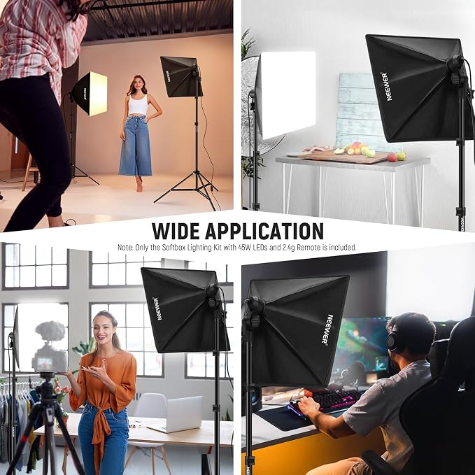 NEEWER 2Pcs 24"x24" 900W Equivalent Softbox Lighting Kit with Tripod Stands, 45W Bi Color 2.4G LED Bulbs, Remote, 10 Channels 2900K-7000K 1400lx/m CRI95, Photography Continuous Lighting Kit, NK103 - Image 2