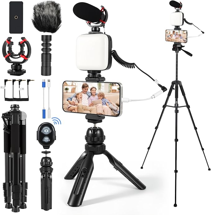 Vlogging Kit for iPhone - YouTube Starter Kit for Content Creators | with 60'' Extendable Fullsize Tripod, Soft Light and Shotgun Microphone for Vlogging, YouTube, Video Recording by Heliora
