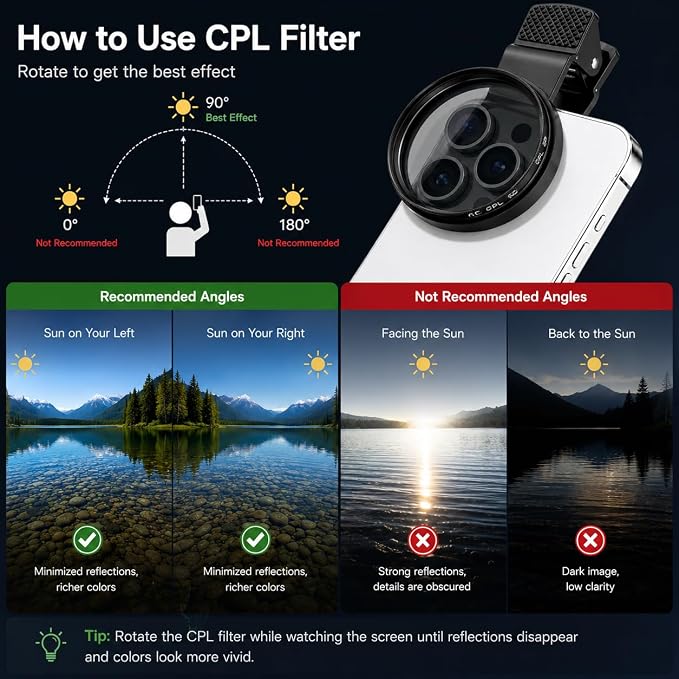 52mm CPL Phone Camera Lens Filter with Clip, Rotatable Circular Polarizer Filter for Smartphone Photography, Reduce Glare & Reflections, Enhance Color and Contrast for iPhone 17 16 15 14 13 12 - Image 7