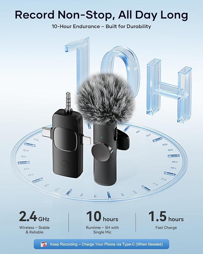 Wireless Microphone for iPhone iPad Android Phone and Camera, 2 Pack Wireless Lavalier Lapel Mic with Noise Reduction, 3 in 1 Mini Microphone for Video Recording Interview Podcast YouTube TikTok Vlog - Image 4