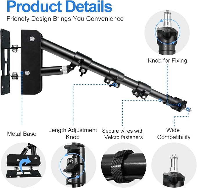 EMART Ring Light Wall Mount Boom Arm, Adjustable 42in/106cm Overhead Stand | 180°Rotation Heavy Duty Triangle Bracket Mounting Bar for Camera, Photography Lighting, Barber Led Lamp - Image 5