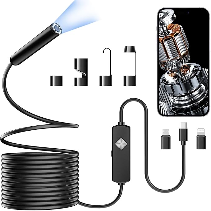 Endoscope with Light, 1920P HD Borescope with 8 Adjustable LED Lights, Semi-Rigid Snake Camera, IP67 Waterproof Inspection Tool (16.4ft, Black Harness + Single Lens) by Unknown