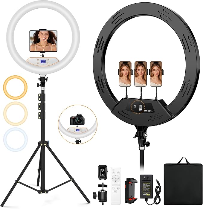 MACTREM Large 22" Ring Light with Stand, 75" Tripod for iPad iPhone Barber | Professional 50W 6500K CRI90+ LED, LCD Display, 2 USB Ports, for TikTok YouTube Makeup Tattoo Photography Video Studio by MACTREM