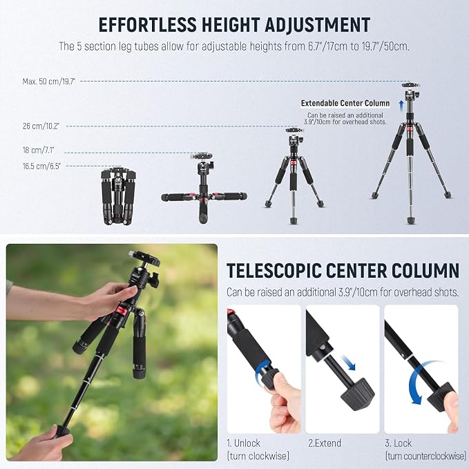 NEEWER Portable Travel Mini Tabletop Tripod, Aluminum Alloy 20''/ 50cm Desktop Desk Tripod with 360 Degree Ball Head, 1/4" Quick Shoe Plate for DSLR Camera Video Camcorder, Max Load 11 lb/5 kg - Image 4
