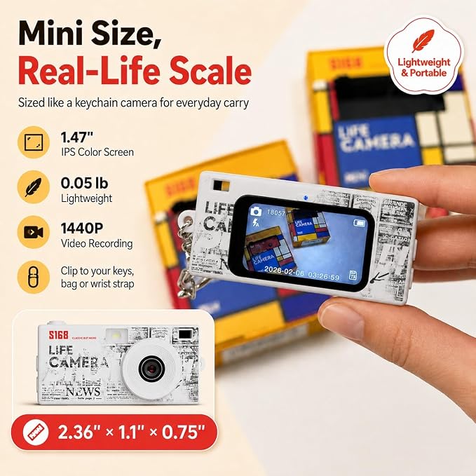 Mini Keychain Digital Camera, Y2K Retro Pocket Camera with 1.47 Inch Screen, 1440P Video, 2MP Photos, 16GB Card, Flash, Type C, Tiny Vintage Camcorder for Kids Teens Travel Vlog (White) - Image 2