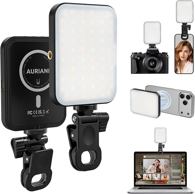 Magnetic Selfie Light for iPhone, Selfies Video Lighting, 6 Lighting Modes, 12 Brightness Levels, Clip, Magnetic or Camera Mount, Ideal for TikTok, Zoom, Makeup, Live Streaming by Auriani