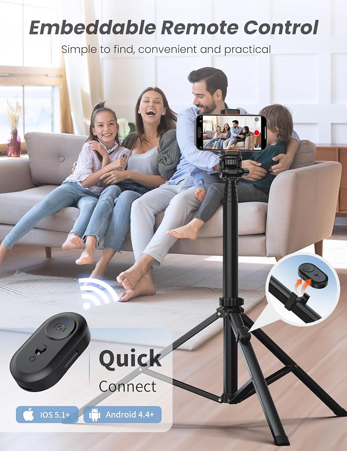 86'' Phone Tripod & Selfie Stick, Tripod for iPhone with Detachable Remote, Portable Phone Tripod Stand for Video Recording, Travel Tripod for Cell Phone, Compatible with Smartphones, DSLR - Image 6