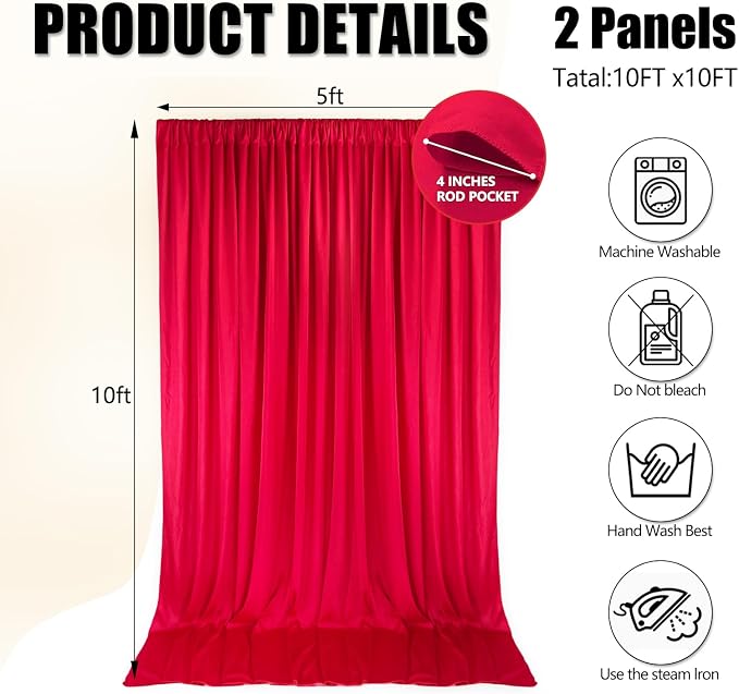 10ft x 10ft Red Backdrop Curtains for Parties, Polyester Fabric Backdrop Drapes with Rod Pockets for Weddings, Birthday, Halloween, Photography, Christmas Party Background Curtain, 2 Panels - Image 2