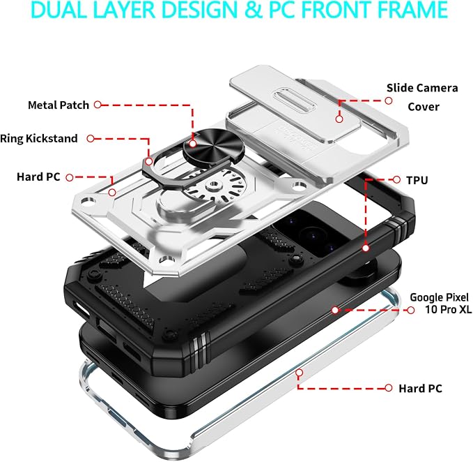 Case for Google Pixel 10 Pro XL/Pixel 9 Pro XL, with 3 Pcs Tempered Glass Screen Protector Built in Ring Stand Kickstand + Camera Cover, Hard PC Soft TPU Defender Full Body Protective Case - White - Image 6