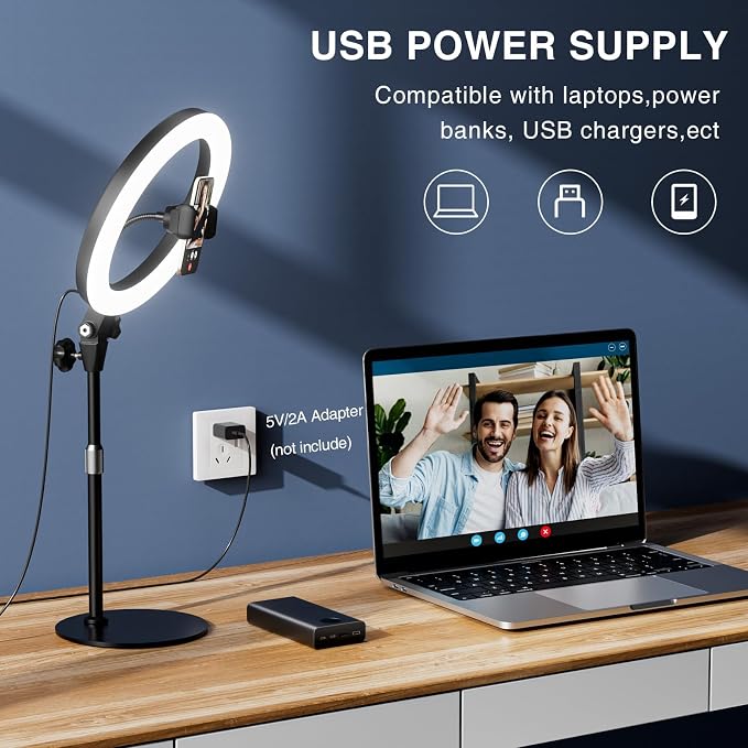 Desk Ring Light with Stand for Computer, Desk Light for Video Recording | 10.5" Video Conference Lighting, Adjustable Circle Light with Phone Holder for Zoom Meeting Video Call Podcast Stream Webcam - Image 6
