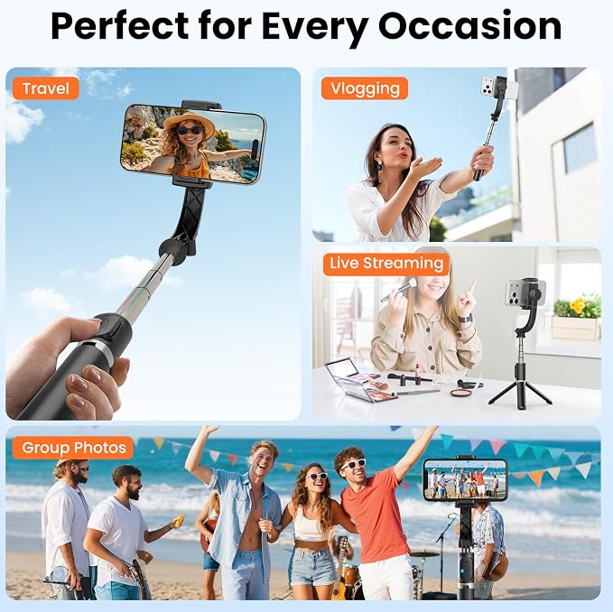 Gimbal Stabilizer for Smartphone, 1-Axis Auto Balance Handheld Gimbal, 360° Rotating Extendable Selfie Stick Tripod, Wireless Remote Control for iPhone Android Travel Vlogging TikTok YouTube - Image 6