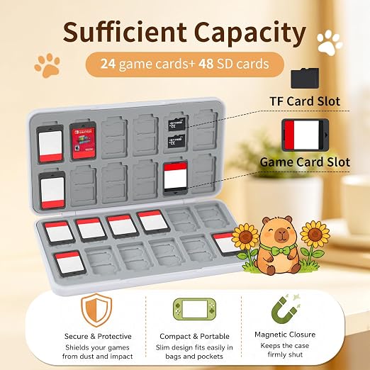 PERFECTSIGHT Switch Game Card Case for Nintendo Switch 2/ Lite / OLED, Switch2 Game Holder Cartridge Case for Game Cards and 48 SD Cards, Cute Kawaii Portable Compact Storage Box, Capybara - Image 2