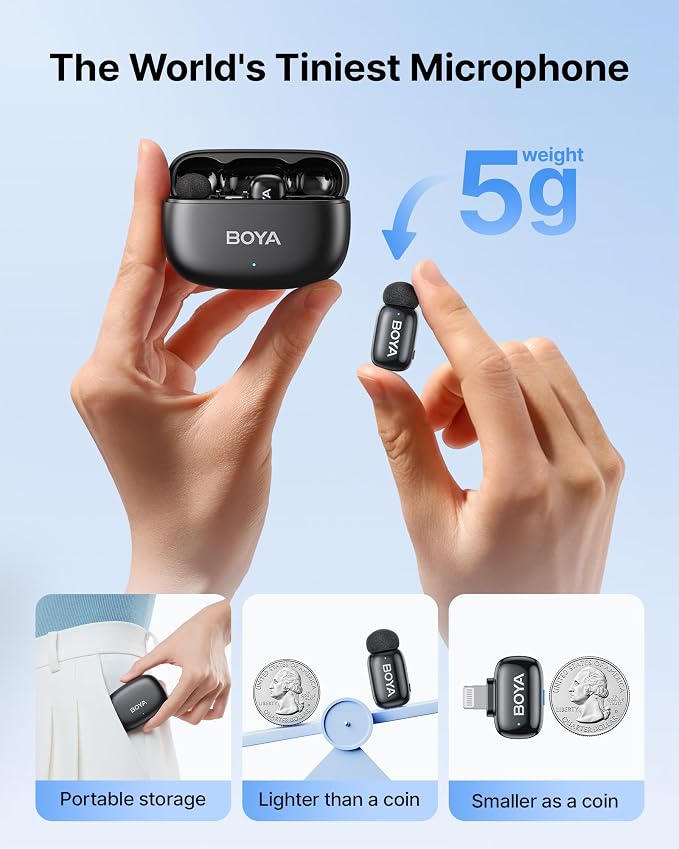 BOYA mini 2 Microphone for iPhone 5-14 with MFi Certified Lightning Plug | Lapel Microphone Wireless with AI Noise Cancellation, App Control, 30H Battery Life with Charging Case for Recording Vlogging - Image 2