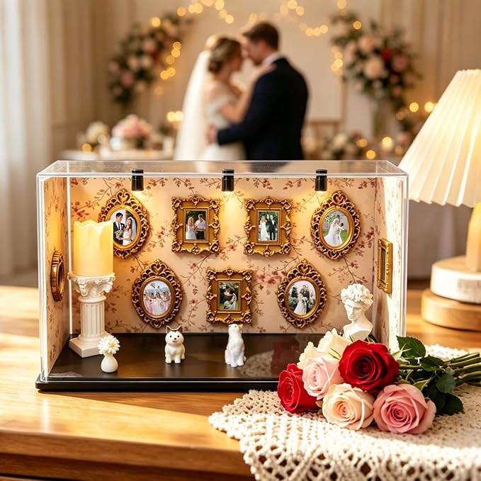 DIY Mini Museum Kit of Us Museum Shadow Box with Mini Picture Frames People Figurines & Led Light Memory Figurines Personalized Silhouette Box for Home Decor Wedding Graduation Pet Family Memorial - Image 4