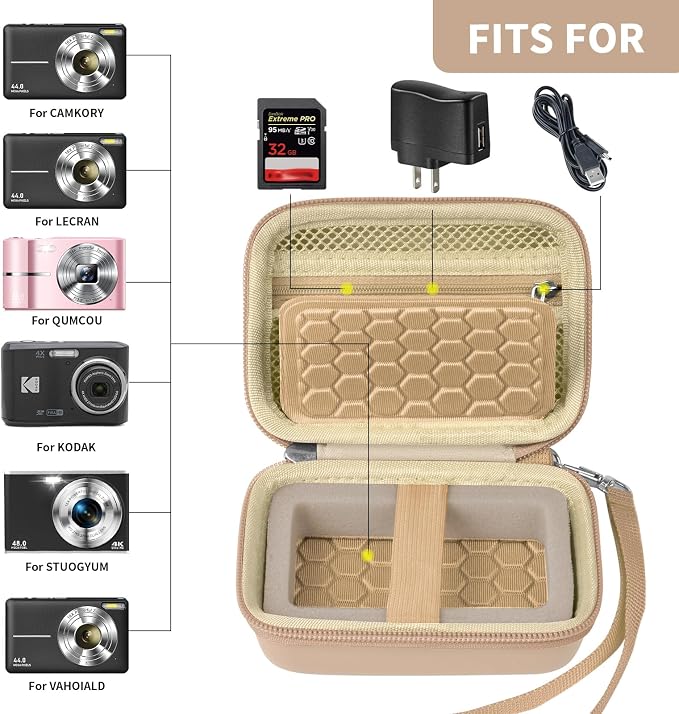 Comecase Digital Camera Case for Kodak PIXPRO FZ45 FZ55 for Travel, Beige | Fits Cameras up to 4.33 x 3.07 x 2.3 in, Pre-Cut Foam, Elastic Strap&Hand Strap, Mesh Pocket for Accessories, Case Only - Image 2