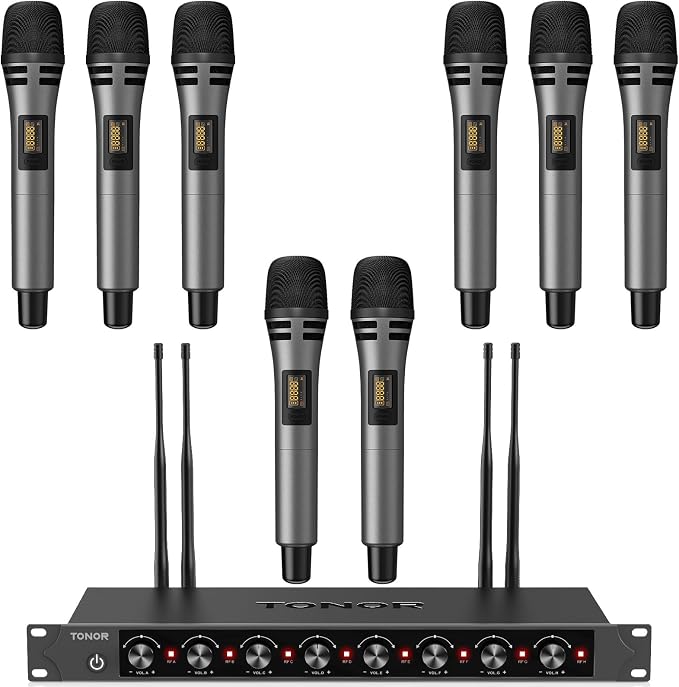 TONOR Wireless Microphones System with 8x12 Channels Cordless Handheld Microfono Inalambrico, 90 m/295FT UHF Range, Mics with Stable Signal, Quick Mute for Karaoke Singing Party Church Wedding by TONOR
