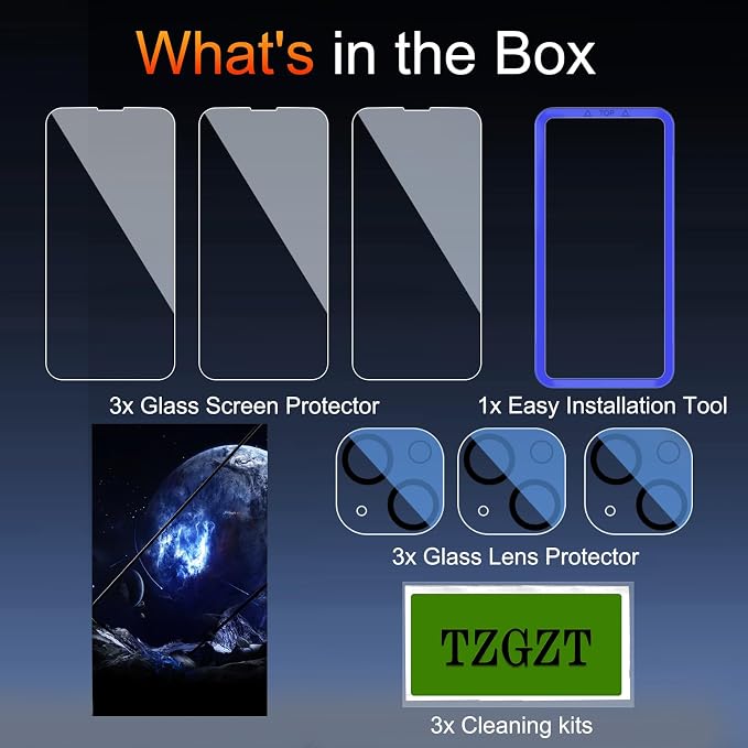 TZGZT 3 Pack Screen Protector for iPhone 13, Tempered Glass, Case Friendly | 9H+ Hardness, Military Grade Shatterproof, Anti-Scratch, HD, Easy Installation, Bubble Free, Include Camera Lens Protectors - Image 2