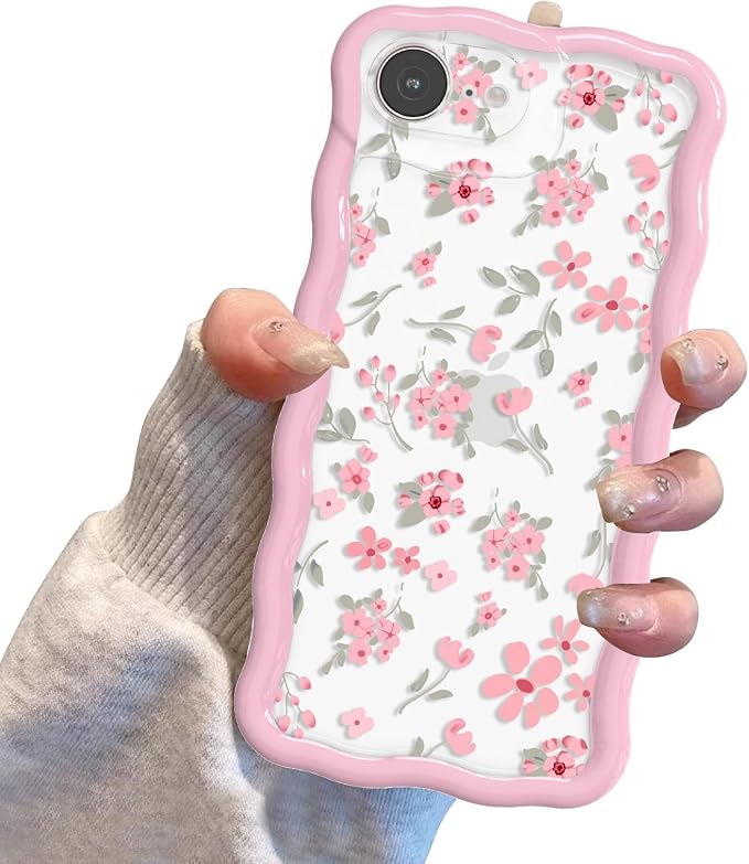 QLTYPRI for iPhone 17e/16e Pink Flower Case, Clear Cute Pink Floral Flower Phone Case Curly Wavy Aesthetic Phone Cover, Soft Slim Transparent TPU Shockproof Protective Cover for Women Girls - Pink - Image 7