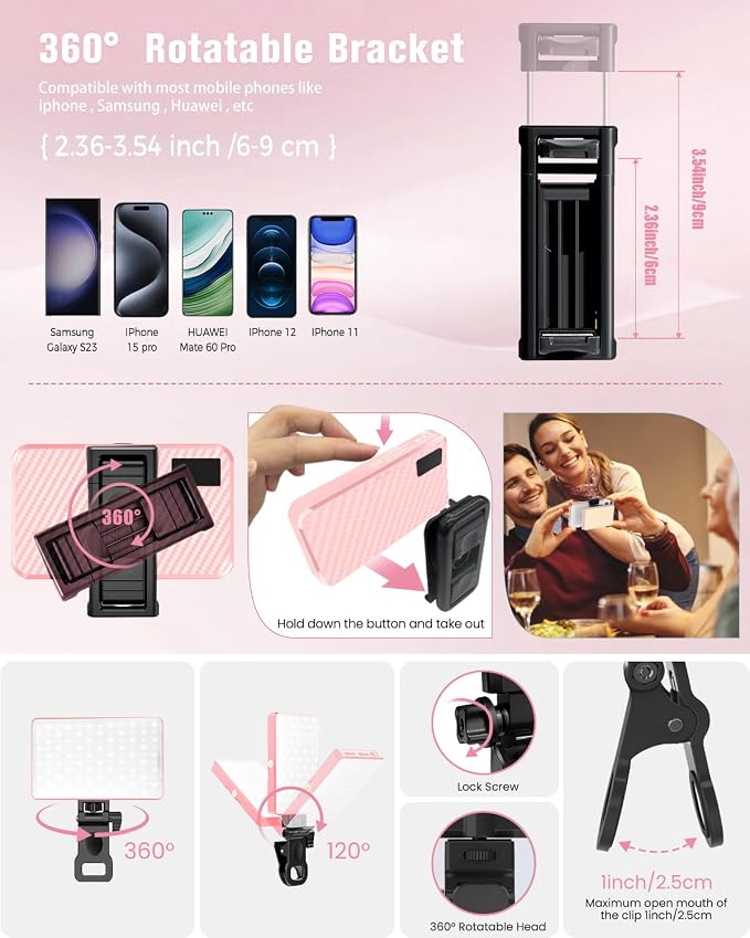 168 LED Selfie Light for iPhone, Phone Light, 3000mah Rechargeable Picture Light Clip Portable Lights for Phone, Camera, Laptop, iPad, 3 Lights Modes for Makeup, Video Conference, TikTok, Vlog (Pink) - Image 8