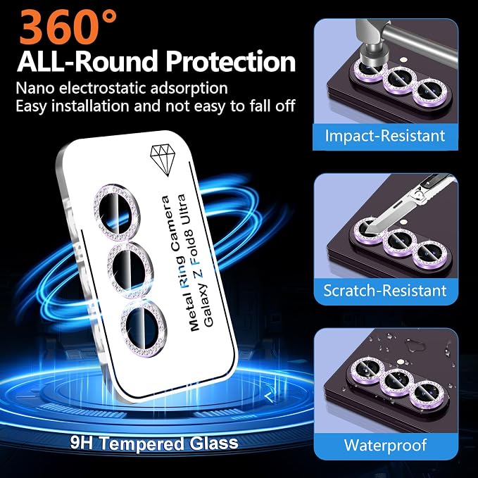for Samsung Galaxy Z Fold 8 Ultra Camera Lens Protector, Individual Metal Ring Tempered Glass Lens Cover, [Strong Adsorption] Scratch Resistant Ultra-Thin HD Clear Lens Cover, 1 Set-Purple Diamond - Image 2