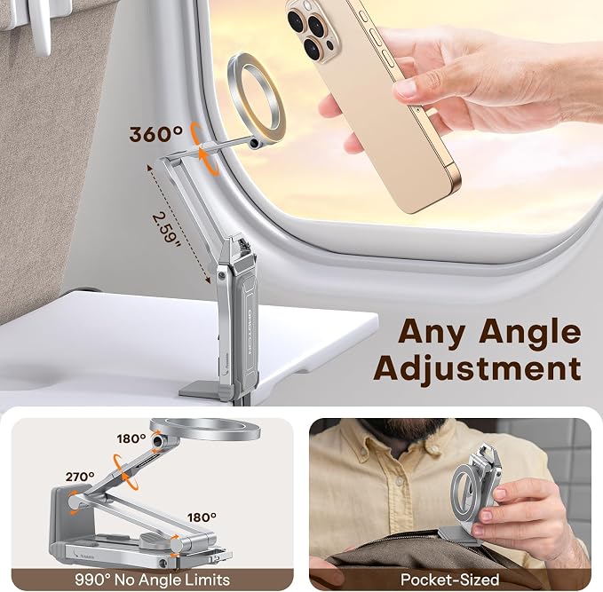 OMOTON TP02 360°Rotating Adjustable Aluminum for MagSafe Tripod, Silver | Magnetic Phone Tripod for iPhone 17/16/15 Pro Max Air, Foldable Cell Phone Stand Fits Vlog, Gym Travel Essentials Accessories - Image 5