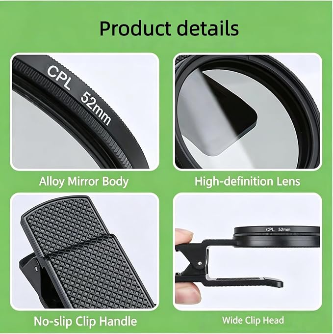 New CPL Phone Camera Filter Kit with Polarization, Universal Clip-On to Eliminate Glare & Boost Colors for iPhone 17 16 15 14 13 12 11 and Other Smart Phones Photography (52mm) - Image 8