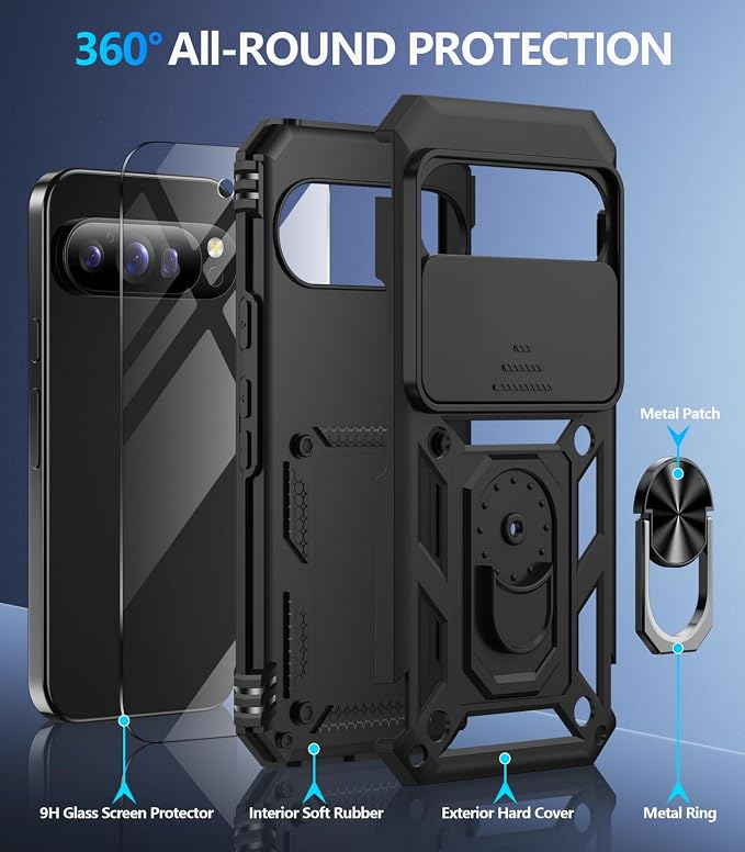 Taisairu for Google Pixel 10 Case/Pixel 10 Pro Case with Screen Protector & Slide Camera Lens Cover,Built-in Ring Stand Protective Phone Case for Pixel 10 Case/Google Pixel 10 Pro Case (Black) - Image 2
