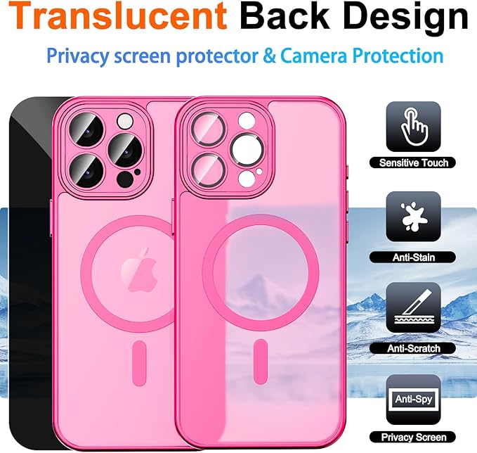for iPhone 16 Pro Max Case with Privacy Screen Protector, Hot Pink | Full Camera Protection, Matte Magnetic, Compatible with MagSafe, Translucent Shockproof Phone Cover for Women Girls - Image 2