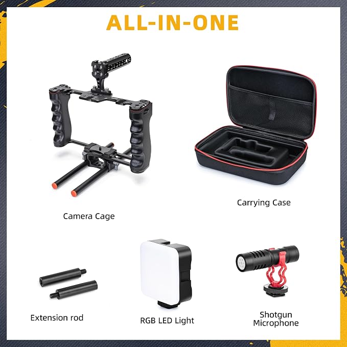 Zeadio All-in-One Video Rig Kit, Aluminum Handheld Camera Cage with RGB Video Light, Microphone, Top Handle,15mm Rod Guide, Extension Rods & Carrying Case for Filmmaking Vlogging Recording etc - Image 2