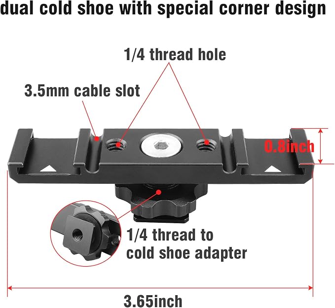 Chromlives Hot Shoe Mount Bracket Dual Hot Shoe Extension Bar Aluminum Mounting Plate Adapter Double Extension Shoe for LED Video Light Screens - Image 2