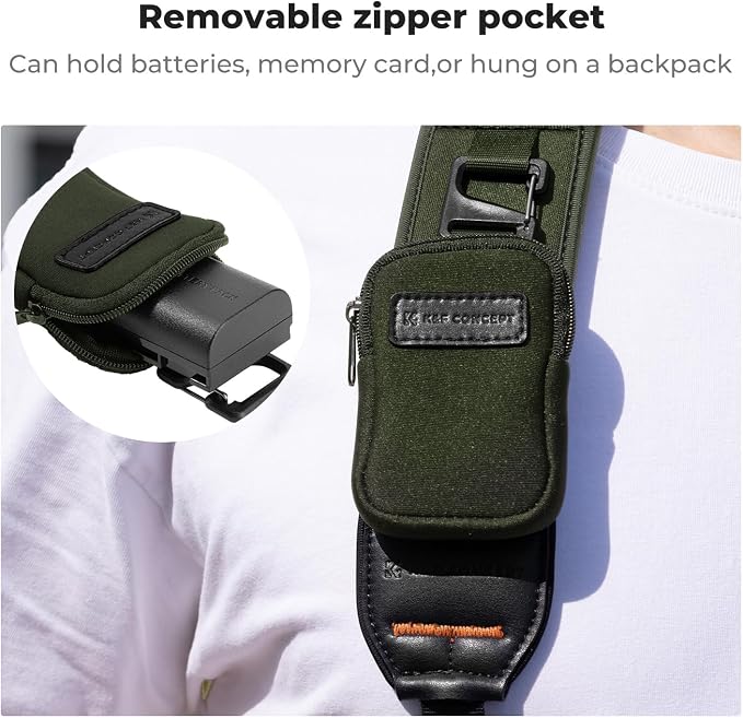 K&F CONCEPT Camera Neck Strap | Soft Neoprene, Adjustable Shoulder Belt, Zipped Pocket, Compatible with Sony/Canon/Nikon/Fuji DSLR SLR Mirrorless - Image 6